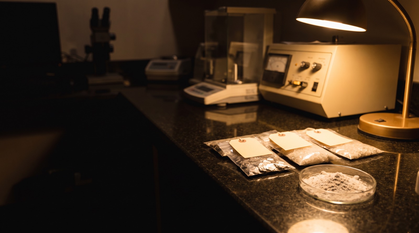 Sample bags of mica flakes and quartz grits on a laboratory bench