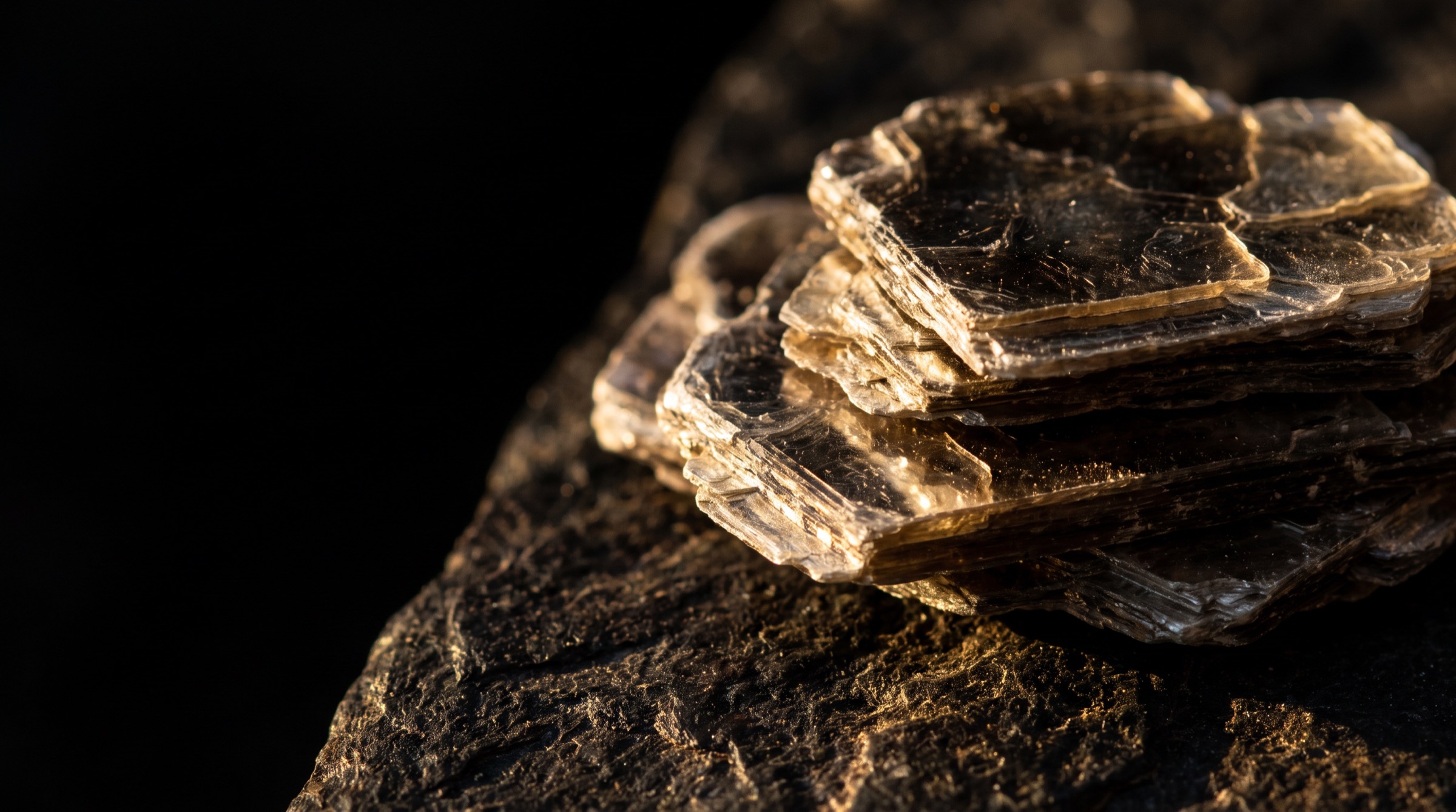 Books of natural mica, split into thin golden sheets, on dark rock