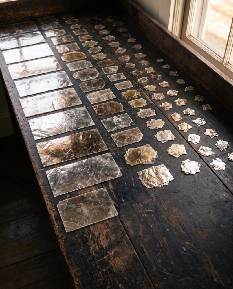 Mica sheets sorted by size on a sorting table