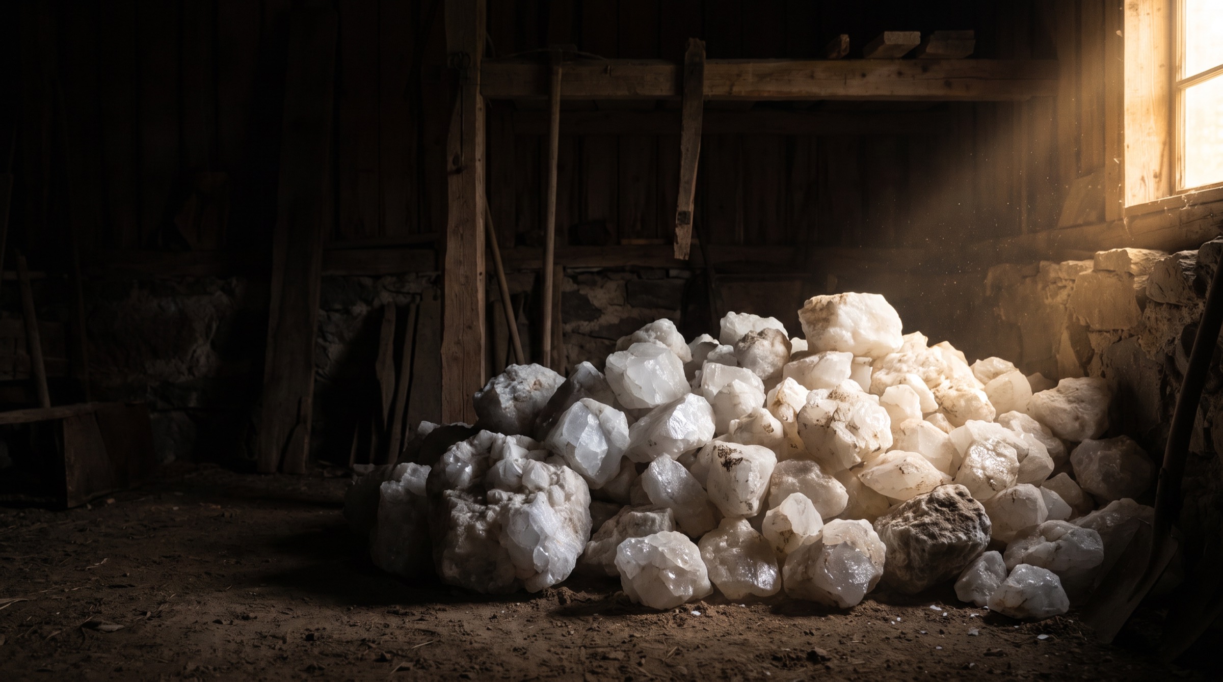 A heap of white quartz lumps in a dark shed, lit from a window